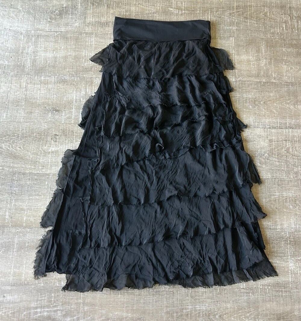 Meo Meli Black 70% Silk Ruffle Tiered Maxi Skirt Italy Lagenlook Boho One Size